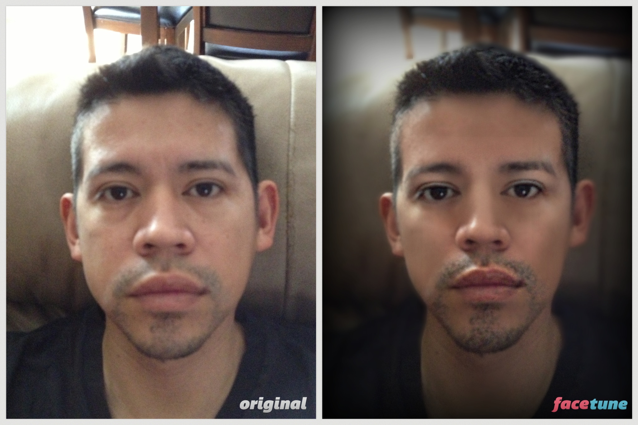 The image is two photos of the same man looking straight ahead at the Camera using the photo editing app Facetune. The photo on the left is an unfiltered version of the photo. The photo on the right is filtered, blurring the man's skin which erases imperfections. The filter also slims his face and enlarges his eyes. 