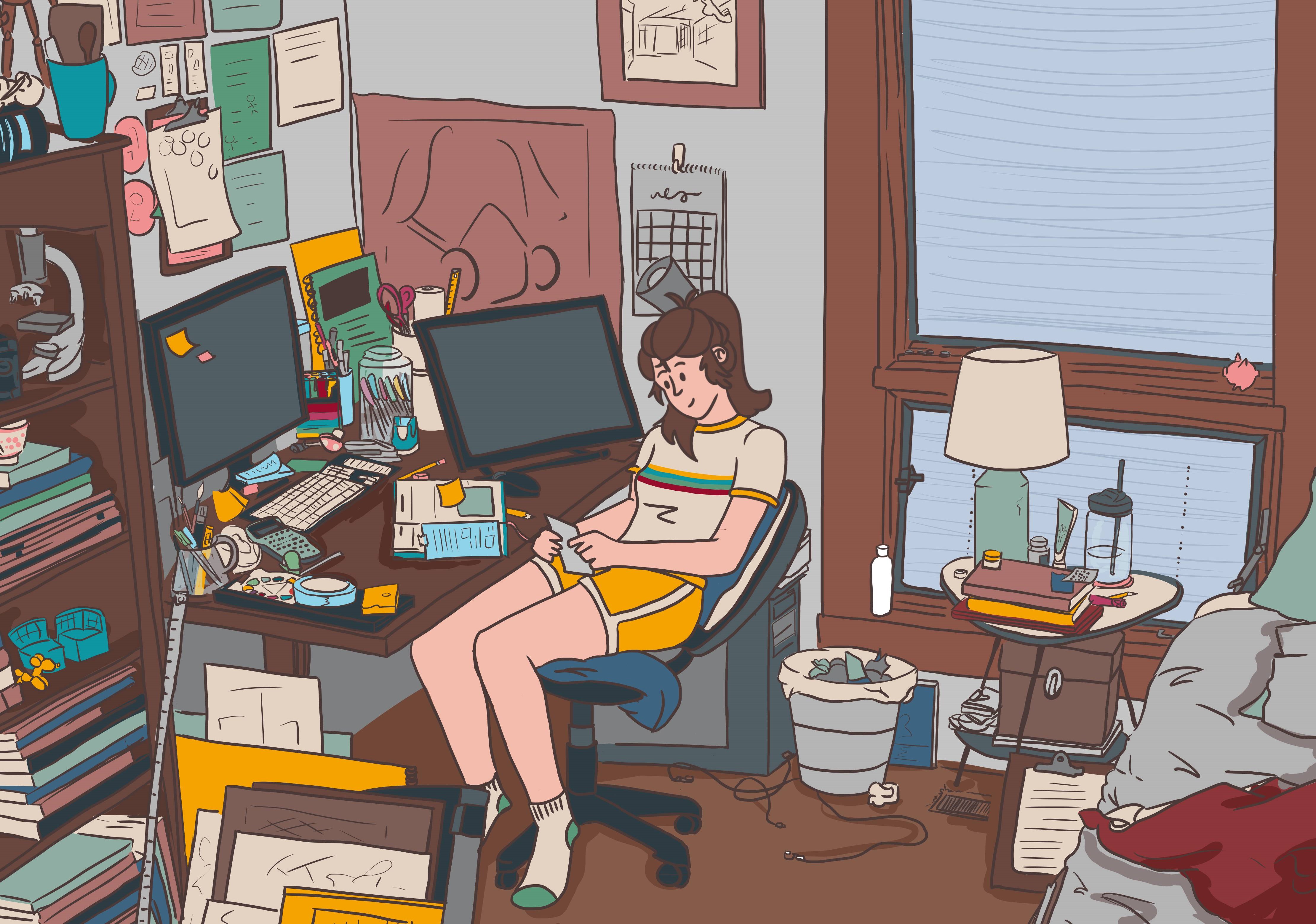 A drawing of Emily sitting at home working at a desk while surrounded by art supplies and a computer