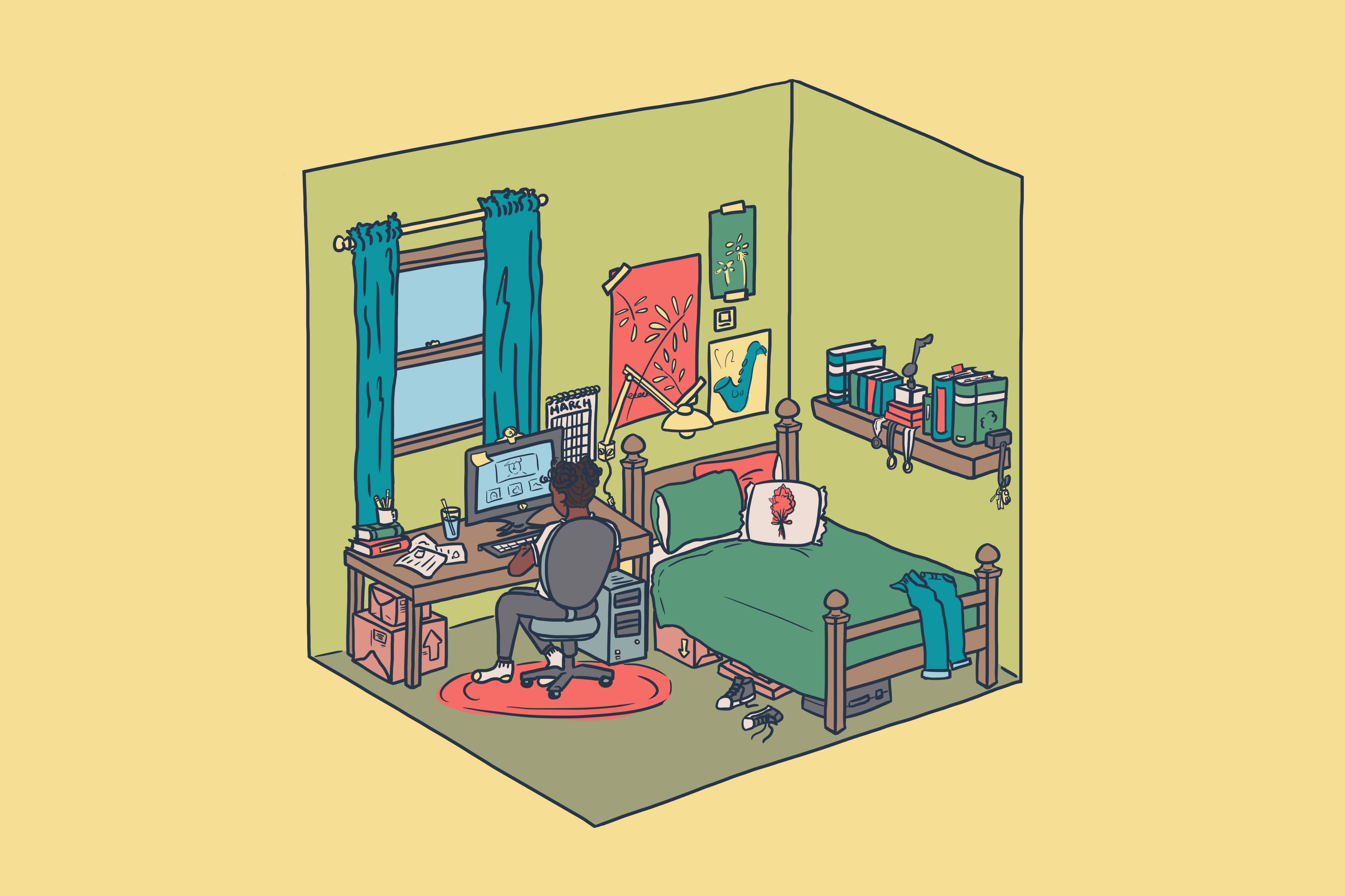 A drawing of a girl sitting alone in her room at a computer
