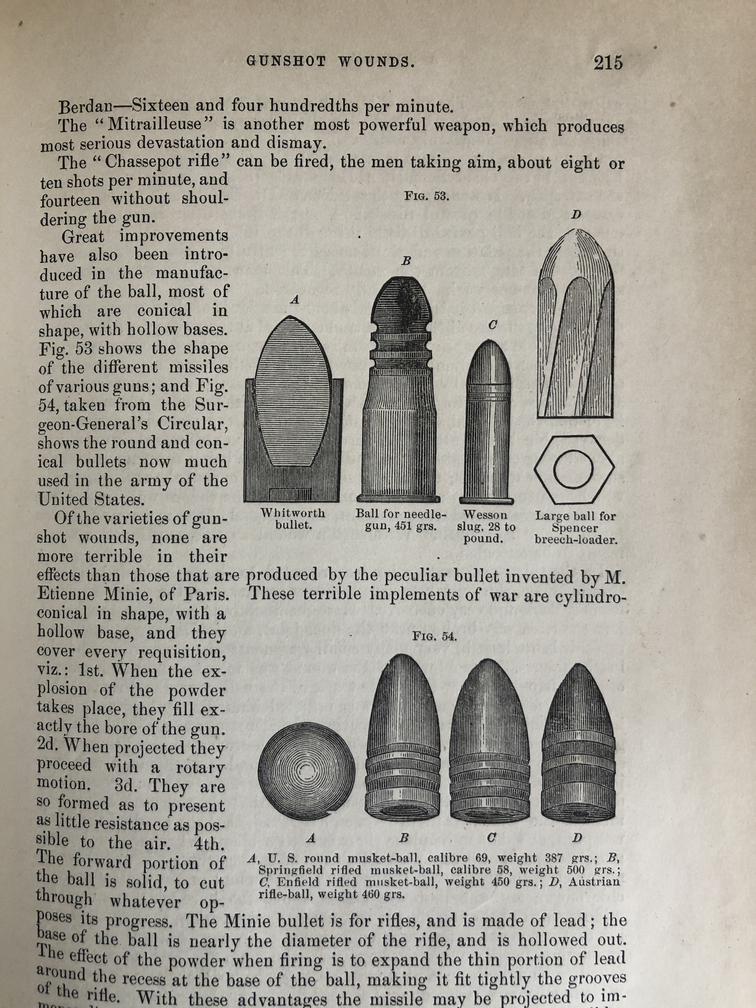 Portion of page 215 displays images and writing under the chapter, “Gunshot Wounds”. Images show eight drawings of bullets from American Civil War era, including variations on the American musket ball. 
