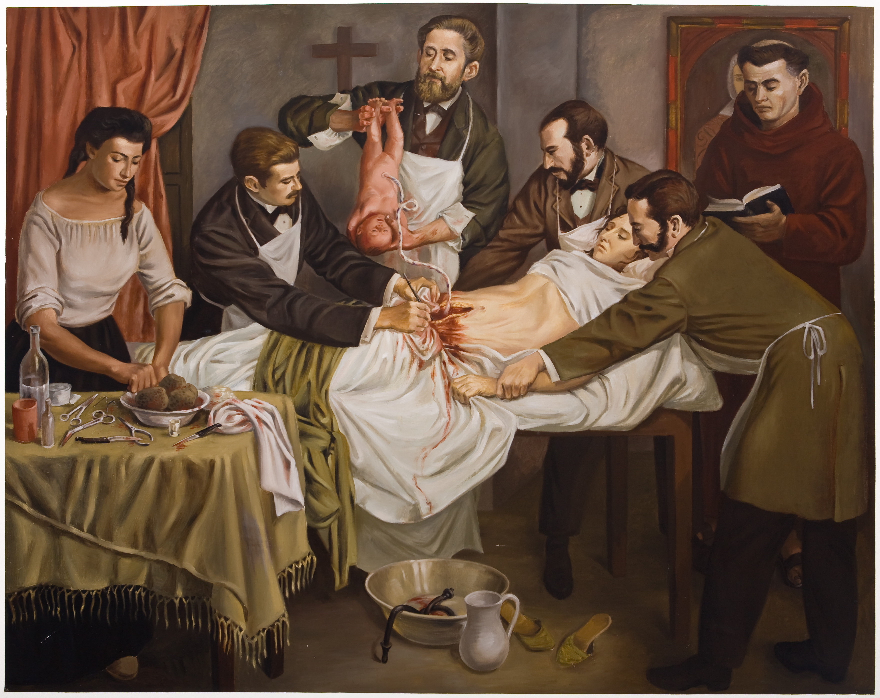 Color painting of a cesarean section. Patient is laying on her back and is held down by two men beside her. The doctor stands above her with the baby in his hands. Another man helps with a vertical abdominal incision beside the doctor. A woman on the left side of the painting at a table with surgical instruments helps during the procedure.