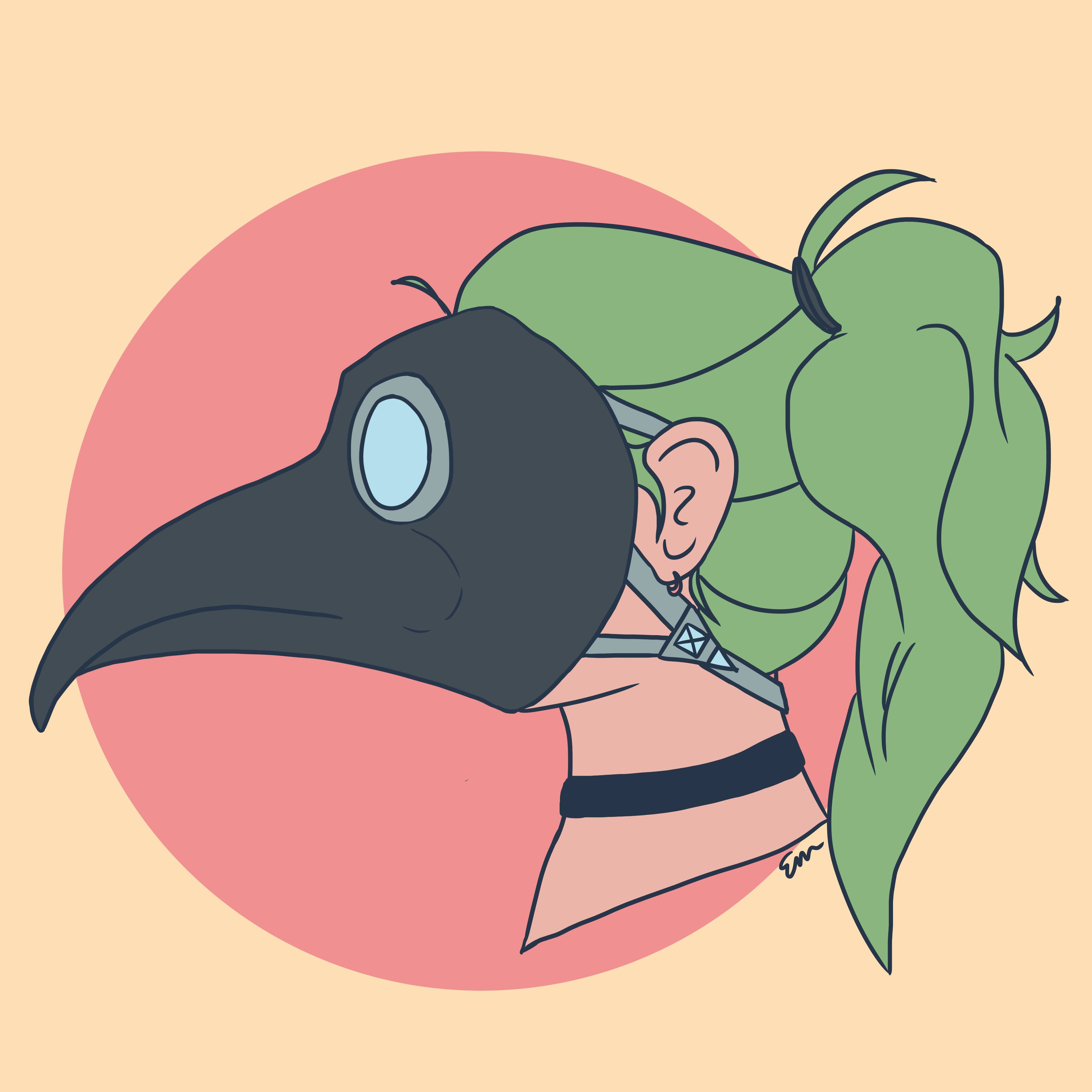 A drawing of a woman with unnatural green hair wearing an old-fashion, beaked plague doctor's mask