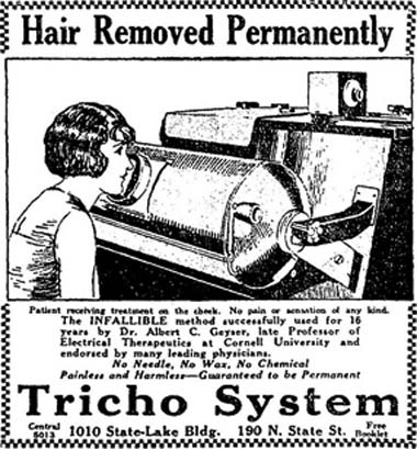 An advertisement for Tricho Hair Removal System. The woman in the ad’s drawing is holding her face up to a large x-ray machine to remove her facial hair. 